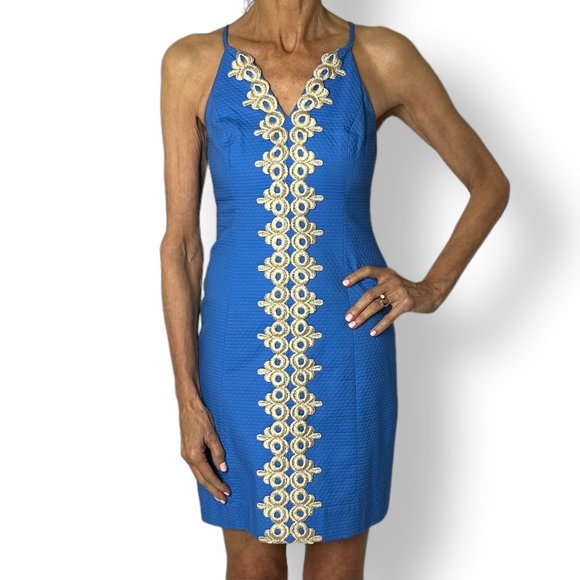 Lilly Pulitzer Pearl Sheath Lapis Blue Gold Lace Pique V Neck Dress Size 00 - Picture 1 of 9